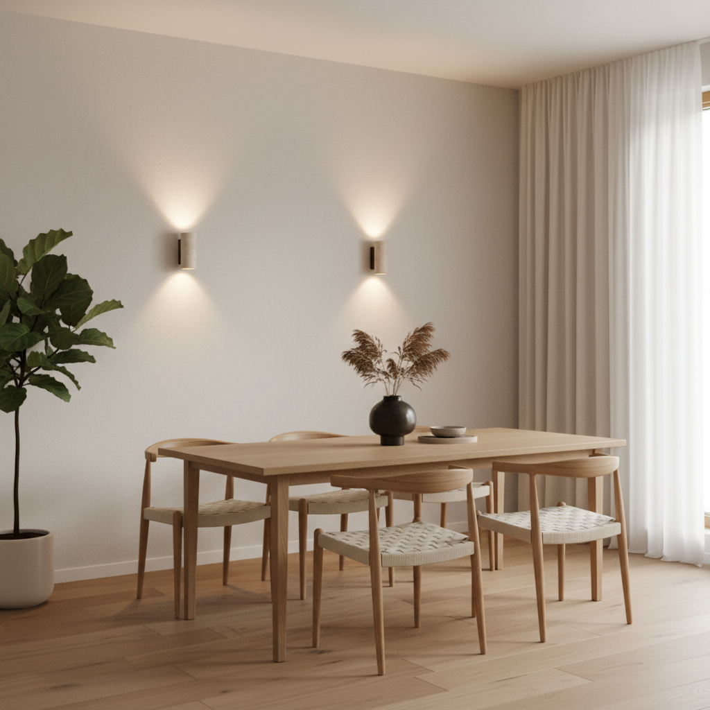 Dining room with wooden table and chairs, plant, and wall lights.