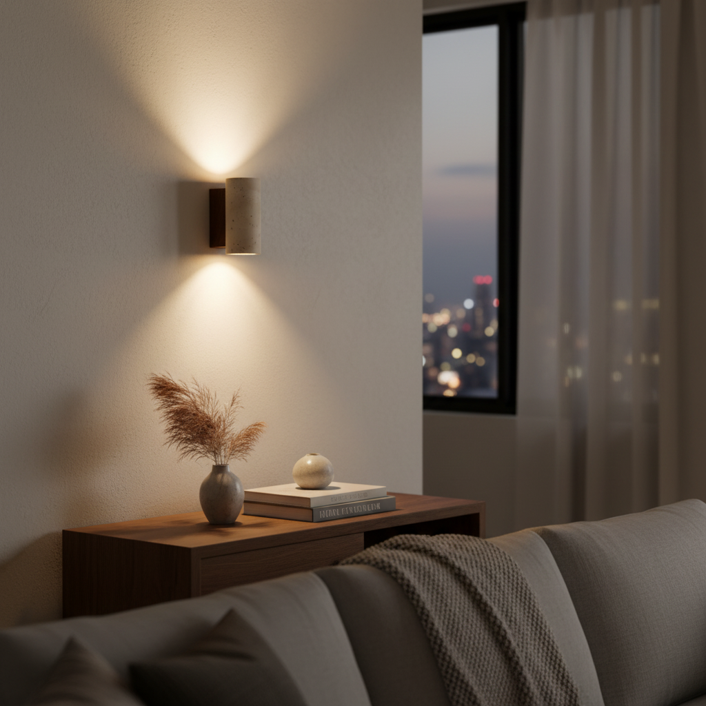 Modern interior with wall light, vase, and books on a nightstand by a window with city lights.