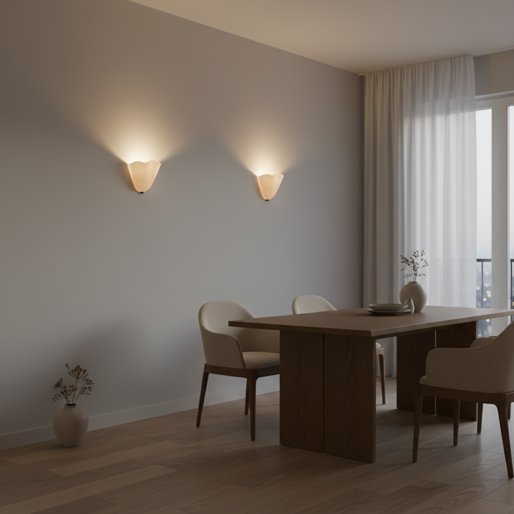 Dining room with wooden table and chairs, wall lights, and large window.