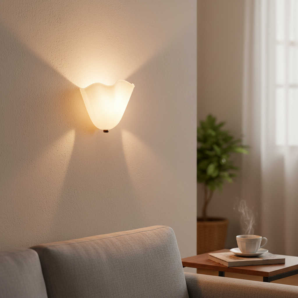 Wall-mounted light fixture casting a warm glow in a cozy living room with a cup of coffee on a table.