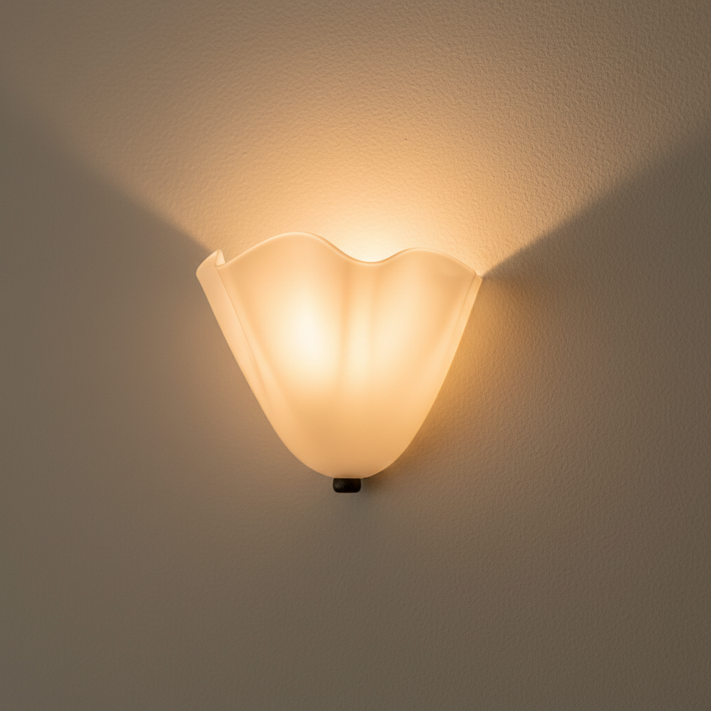 Wall-mounted light fixture casting a warm glow on a plain wall