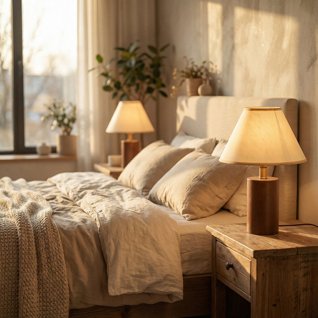 Bedside Table Lamp | Bamboo Wood Retro Pleated Shade