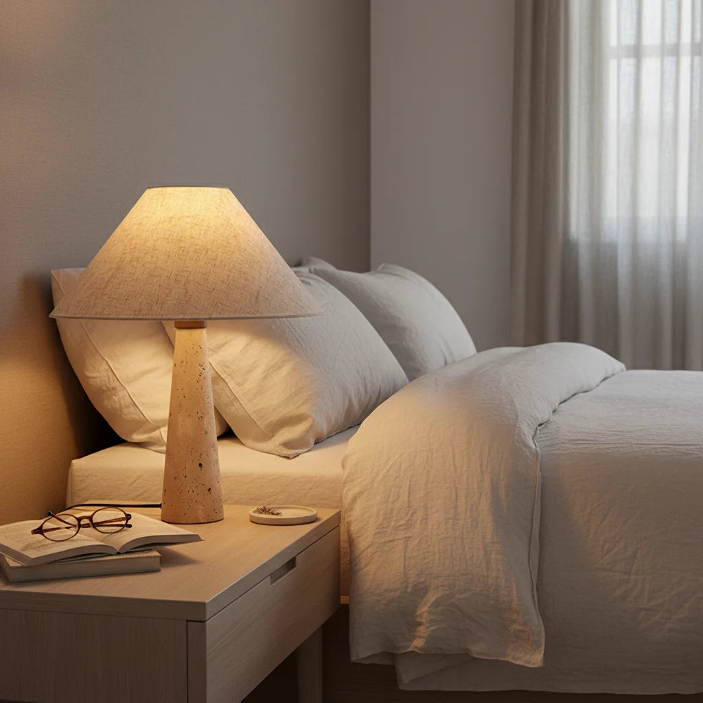 Table Lamp | Travertine Stone Base Modern Fabric Shade Versatile Lighting